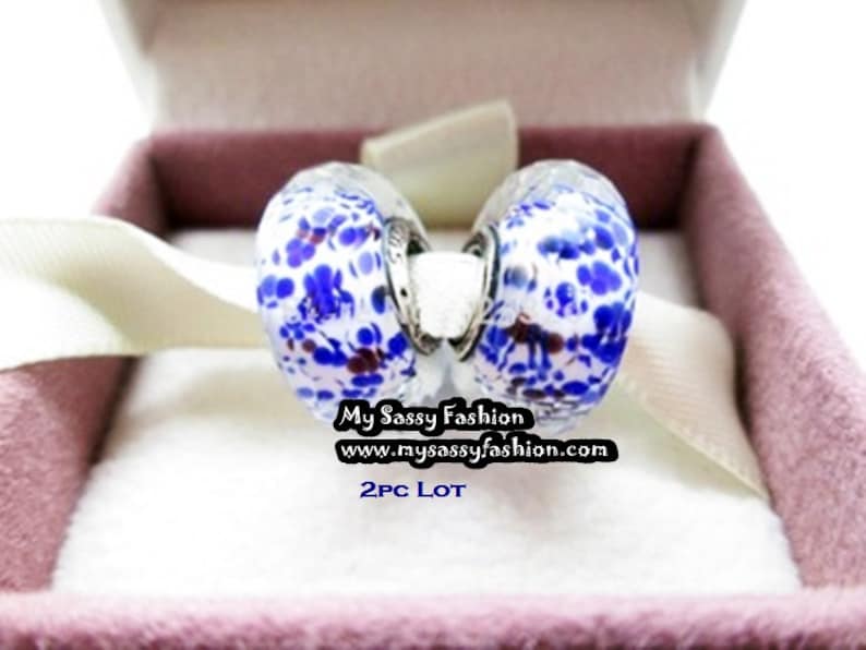 Authentic Set of 2 Sterling Silver S925 Deep Ocean Sea Glass Beads