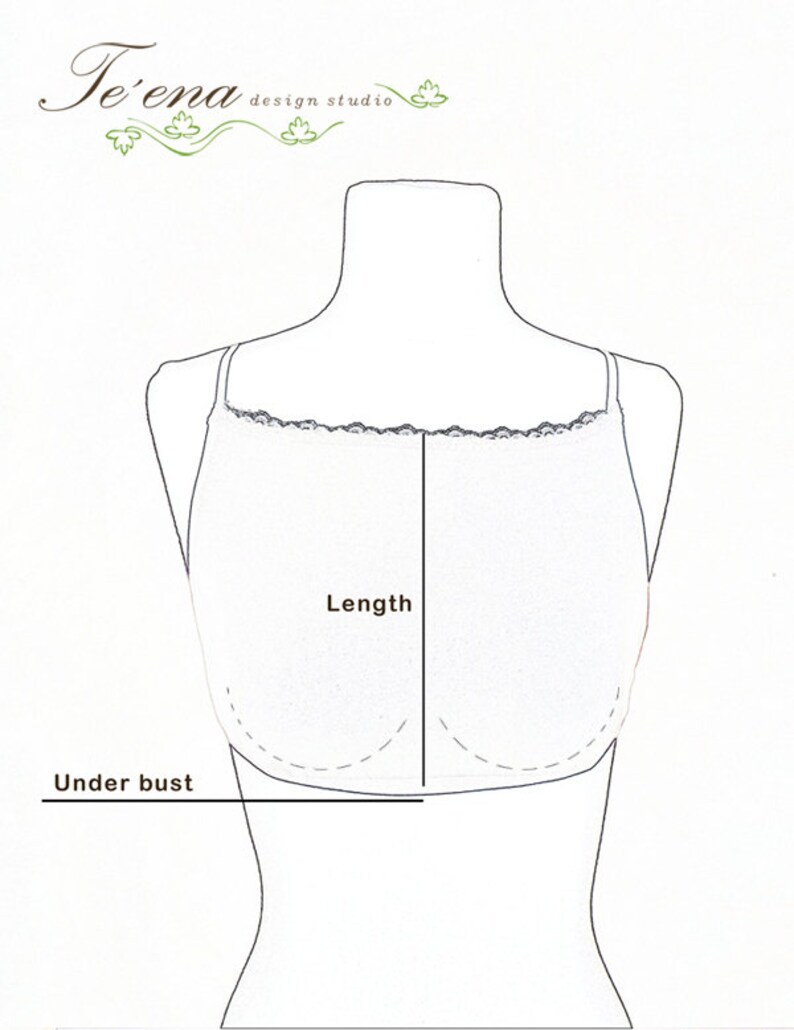 Puede incluir: Dibujo de l&iacute;nea de un top blanco sin mangas con un borde de encaje en el escote. El dibujo muestra las medidas de la longitud y debajo del busto.
