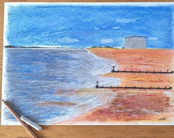 Martello tower, Original Pastel Drawing. Art. A4 Size. Unframed. Coastal.
