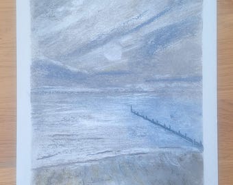 Moonlight Sea. Original Pastel Drawing. Art. A4 Size. Unframed. Coastal.