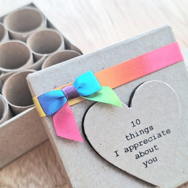 Personalised 10 Things I Appreciate About You Little Gift Box Finished With Rainbow Ribbon & Bow. Perfect Corporate Gift. Friend. Partner.