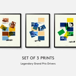 Può includere: Set di 3 stampe incorniciate con collage di auto da corsa e piloti d'epoca. Ogni stampa ha uno sfondo color crema con forme geometriche colorate e immagini. Il testo "SET OF 3 PRINTS" e "Legendary Grand Prix Drivers" è visualizzato in basso.