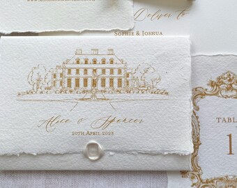 St Giles House Wedding Invitation, Venue sketch Wedding Invitation with mini wax seal SAMPLE