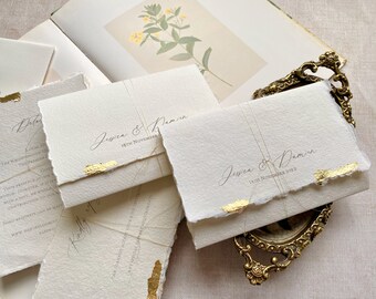 Orla Gold leaf Wedding Invitation, Handmade Paper invitation with gold leaf detailing SAMPLE