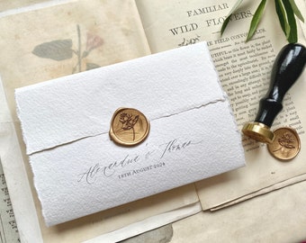 Wentworth wax seal Wedding Invitation, wax seal stamp, handmade paper invitation SAMPLE