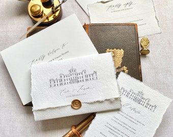 Venue Illustration Wedding Invitations mini wax seal, Fasque Castle invitation SAMPLE