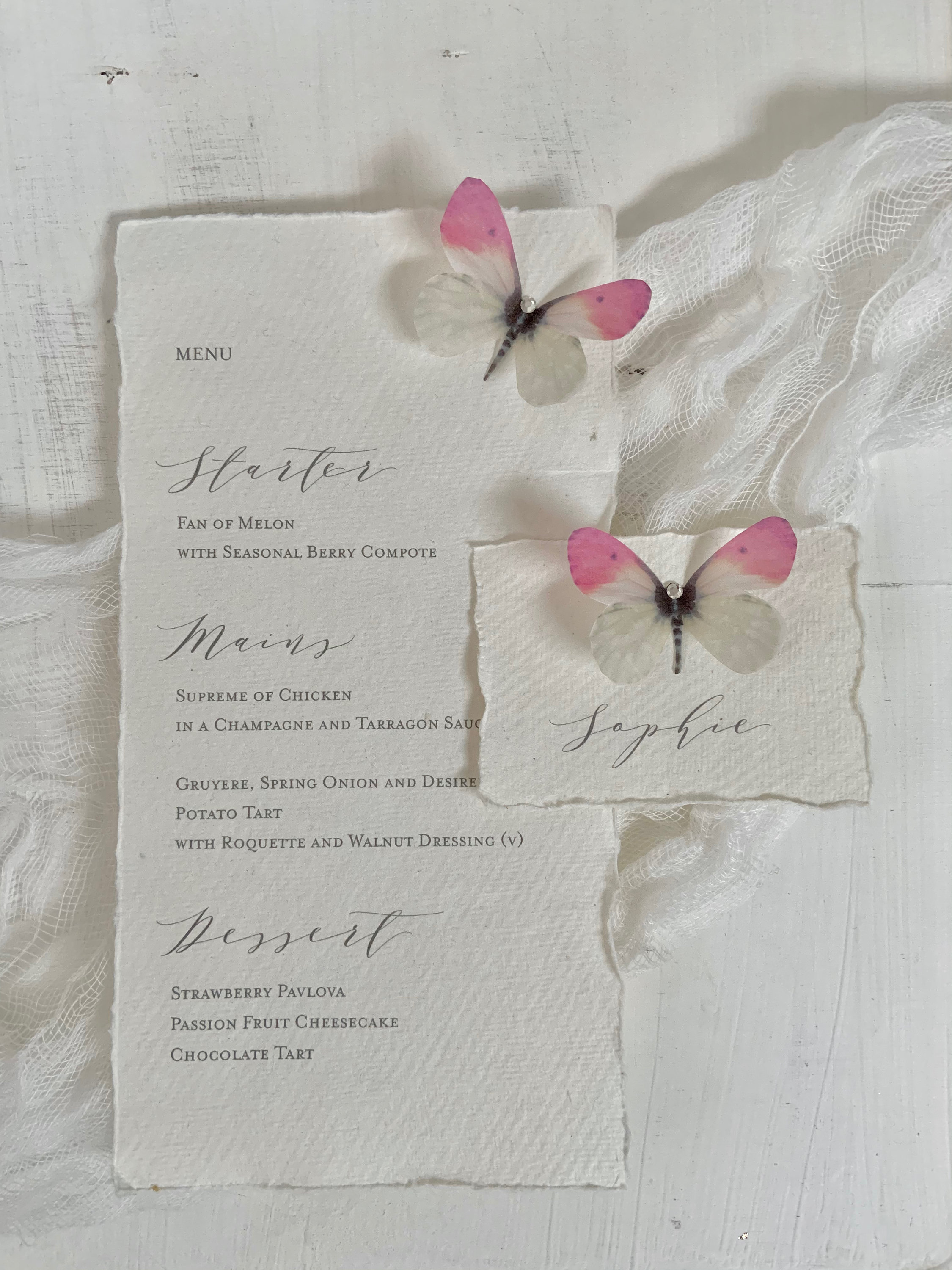 Pink tip butterfly menus on handmade paper Etsy