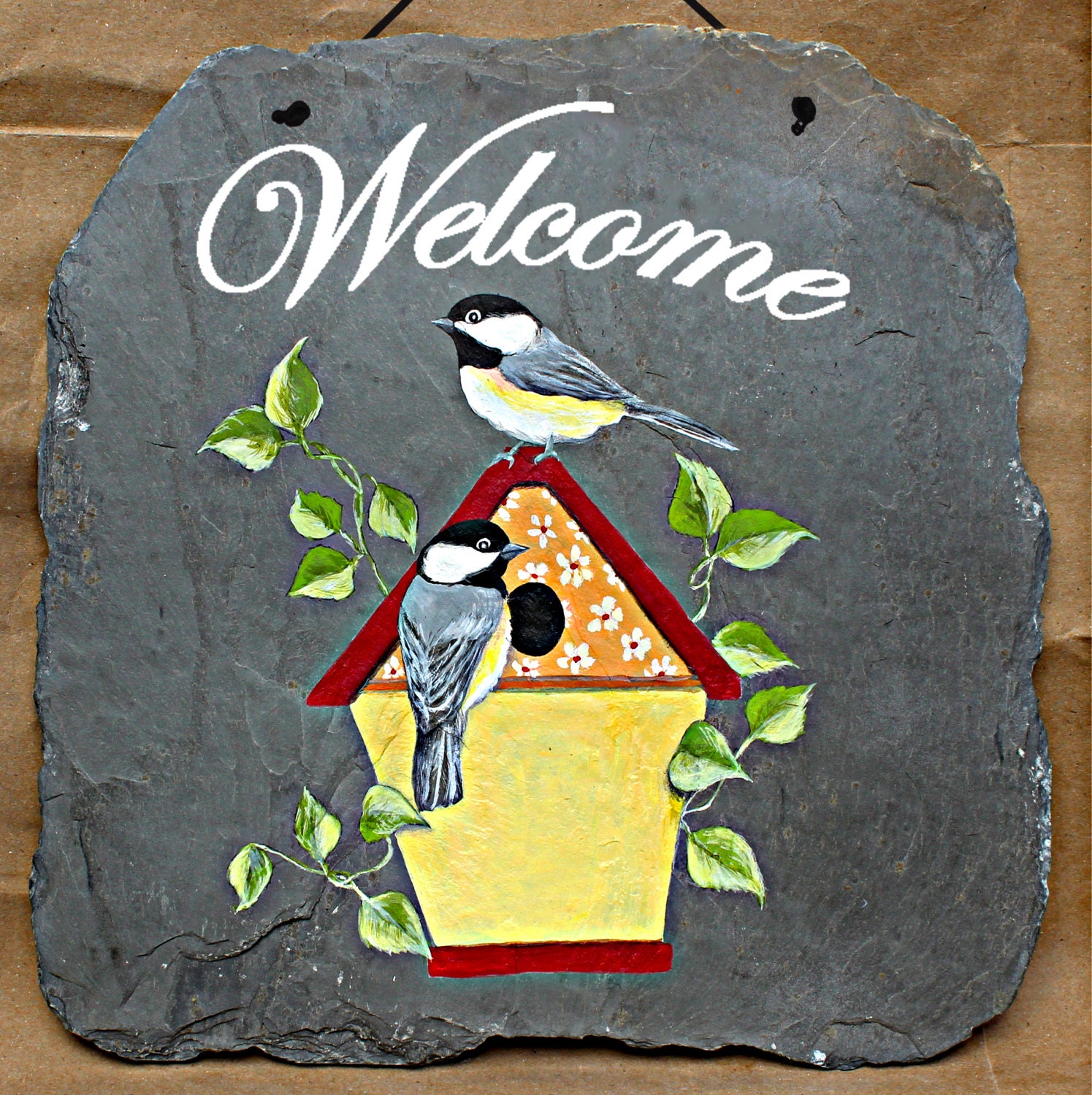 Hand painted slate birdhouse sign with perched Etsy