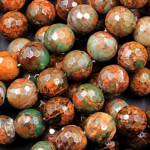 Natural African Green Opal Faceted Round Beads 10mm Large Faceted Round Beads High Quality Green Brown Gemstone Opal Beads 15.5&quot; Strand