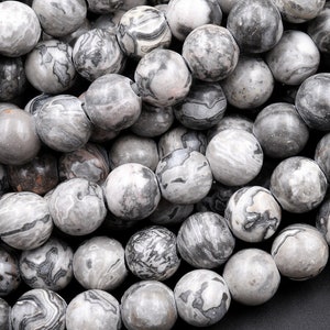 Cuentas de jaspe gris natural con orificios grandes de 2,5 mm, redondas de 8 mm y 10 mm, tira de 8&quot;