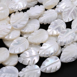 AAA Iridescent Hand Carved Natural White Mother of Pearl Shell Beads Teardrop Leaf Shape 15.5&quot; Strand