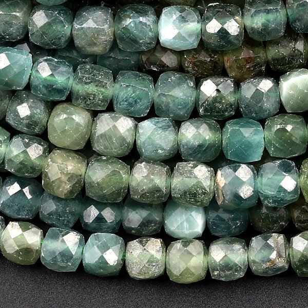 Natural Green Apatite  Micro Faceted 4mm 5mm Cube Dice Square Beads 15.5" Strand