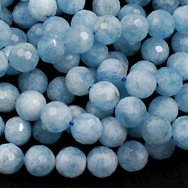 Natural Blue Aquamarine 6mm 8mm 10mm Faceted Round Beads Laser Diamond Cut Gemstone 15.5" Strand