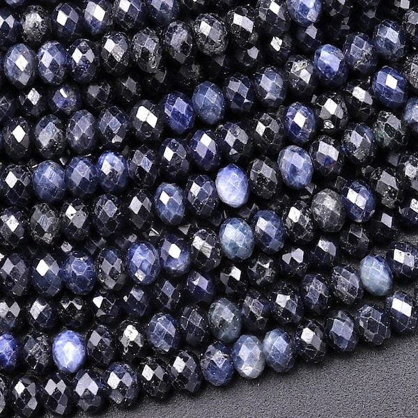 Faceted Natural Blue Sapphire 3mm Rondelle Beads Genuine Real Gemstone 15.5" Strand