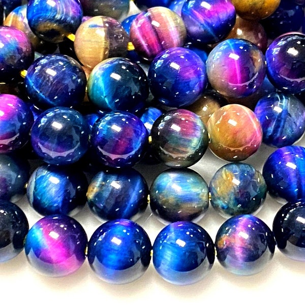 AAA Multicolor Rainbow Tiger's Eye 4mm 6mm 8mm 10mm 14mm Smooth Round Beads Aka Galaxy Tiger's Eye 15.5" Strand
