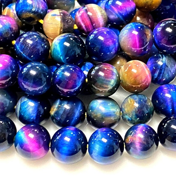 AAA Multicolor Rainbow Tiger's Eye 4mm 6mm 8mm 10mm Smooth Round Beads Aka Galaxy Tiger's Eye 15.5" Strand