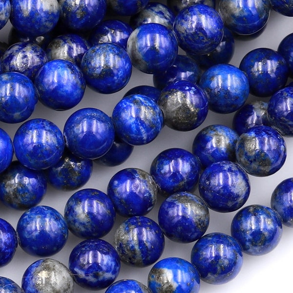 Genuine 100% Natural Blue Lapis 3mm 4mm 6mm 8mm 10mm 12mm Round Beads With Pyrite Calcite Matrix 15.5" Strand