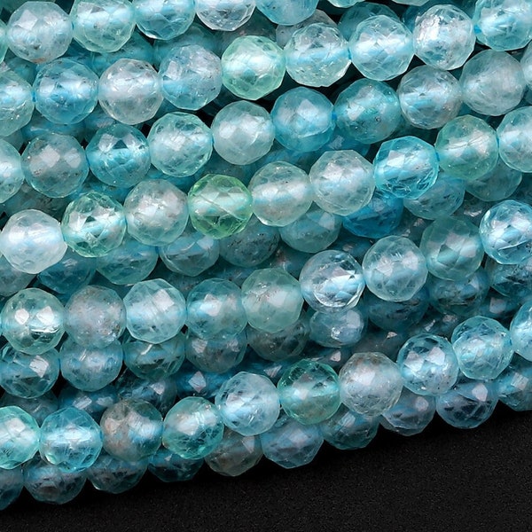 Natural Apatite Beads Faceted 3mm 4mm Round Beads Translucent Light Teal Blue Green Gemstone Micro Cut 15.5" Strand