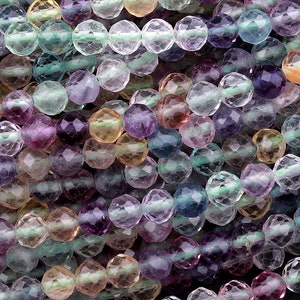 May include: A strand of faceted rainbow fluorite beads. The beads are round and have a variety of colors, including purple, green, blue, and yellow.