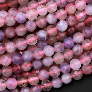 Faceted Natural Pink Tourmaline Purple Lepidolite 4mm Round Beads Micro Diamond Cut Gemstone 15.5" Strand