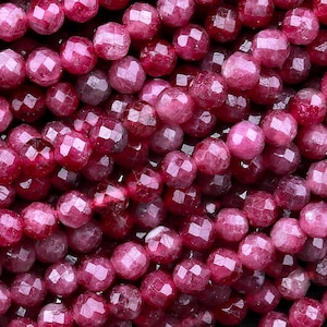 Faceted Natural Red Pink Rubellite Tourmaline 2mm 3mm 4mm Round Beads Micro Diamond Cut Gemstone 15.5" Strand