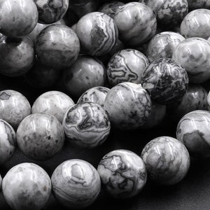 Grijze kaartsteen jaspis 4 mm 6 mm 8 mm 10 mm 12 mm gladde ronde kralen ook bekend als grijze Crazy Lace jaspis jaspis 15,5" streng