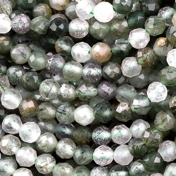 Faceted Natural Green Tourmaline Rutile Quartz 4mm Round Beads Laser Diamond Micro Cut Gemstone 15.5" Strand