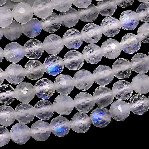 Faceted Natural Blue Rainbow Moonstone Round Beads 2mm 3mm 3.5mm 4mm Gemstone 15.5" Strand