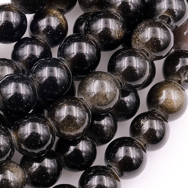 Large Hole Beads 2.5mm Drill Natural Golden Obsidian 8mm 10mm Round Beads 8" Strand