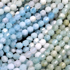 Faceted Natural Blue Green Aquamarine 6mm Rounded Beads Energy Prism Double Terminated Beryl Point 15.5&quot; Strand