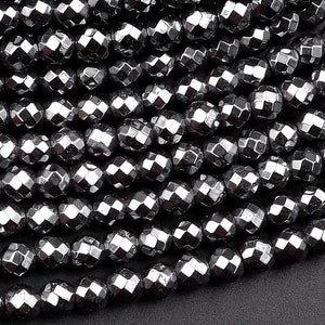Faceted Natural Black Hematite 2mm 3mm 4mm 6mm 8mm Round Beads 15.5&quot; Strand