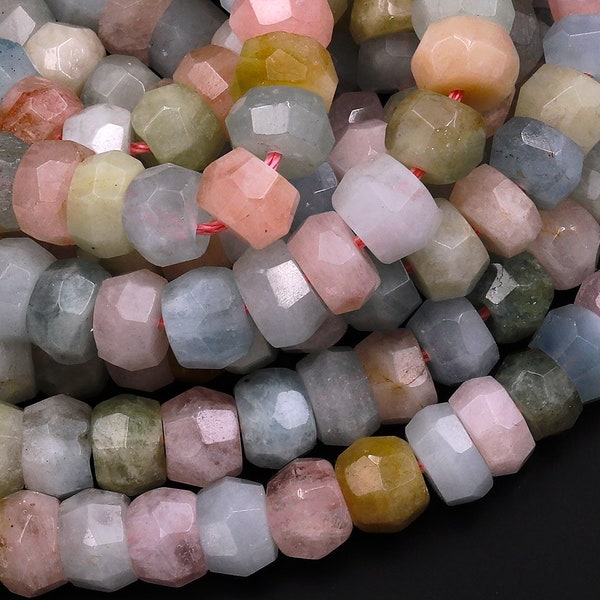 Natural Aquamarine Morganite Beryl Rondelle Beads Multicolor Blue Green Pink Faceted 8mm 10mm Gemstone 15.5" Strand