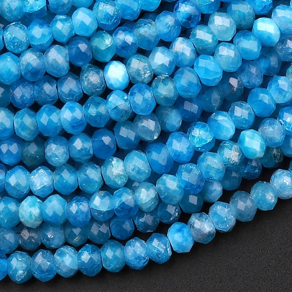 AAA Faceted Natural Blue Apatite 3mm 4mm Rondelle Beads Micro Cut Gemstone 15.5" Strand