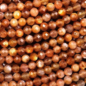 AAA Faceted Natural Sunstone Round Beads 4mm Fiery Orange Brown Gemstone 15.5&quot; Strand
