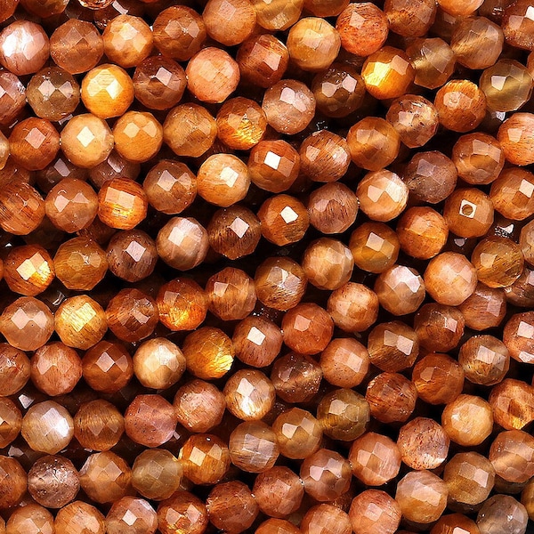 AAA Faceted Natural Sunstone Round Beads 4mm Fiery Orange Brown Gemstone 15.5" Strand