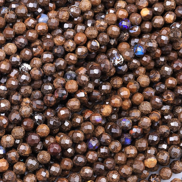 Natural Australian Boulder Opal Faceted 3mm 4mm Round Beads 15.5" Strand