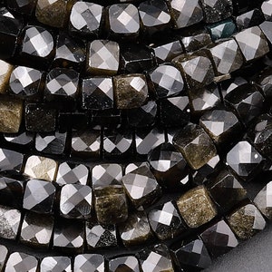 Natural Golden Obsidian Faceted 4mm 6mm Cube Dice Square Beads Micro Faceted Laser Diamond Cut 15.5&quot; Strand