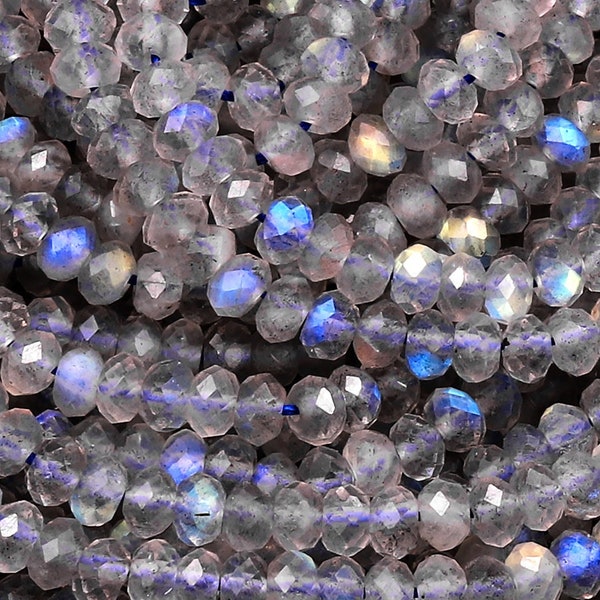 AAA Micro Faceted Labradorite Rondelle Beads 4mm Brilliant Rainbow Blue Flashes Fire Diamond Cut 15.5" Strand