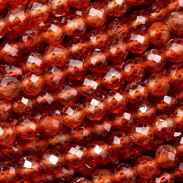 AAA Natural Orange Hessonite Garnet Faceted 2mm 3mm 4mm Round Beads Micro Diamond Cut Gemstone 15.5" Strand