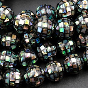 10pcs Hand Made Natural Abalone Shell Mosaic Round Loose Beads 8mm 10mm 12mm 14mm