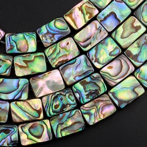 AAA Natural Abalone Shell Flat Rectangle Beads Iridescent Rainbow Glow Blue Green Red Pink Flash 15.5" Strand