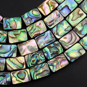 AAA Natural Abalone Shell Flat Rectangle Beads Iridescent Rainbow Glow Blue Green Red Pink Flash 15.5" Strand