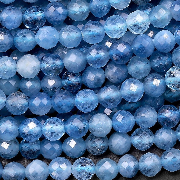 AAA Micro Faceted Natural Blue Santa Maria Aquamarine 3mm 4mm 5mm Round Beads 15.5" Strand