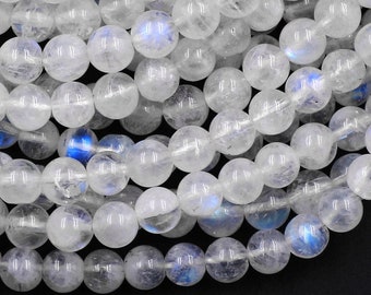 AA Natural Rainbow Moonstone 3mm 4mm 6mm 8mm 10mm 12mm Round Beads Blue Flashes 15.5" Strand