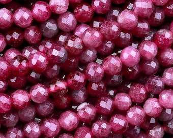 Tourmaline rubellite rouge rose naturelle à facettes 2 mm 3 mm 4 mm Perles rondes micro-perles taillées en diamant 15,5 po.