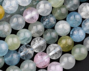 May include: A strand of round, smooth aquamarine beads in various shades of blue, green, and yellow. The beads are approximately 8mm in diameter and have a polished finish.