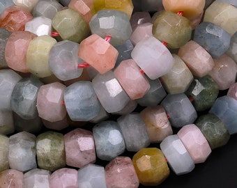 Natural Aquamarine Morganite Beryl Rondelle Beads Multicolor Blue Green Pink Faceted 8mm 10mm Gemstone 15.5" Strand