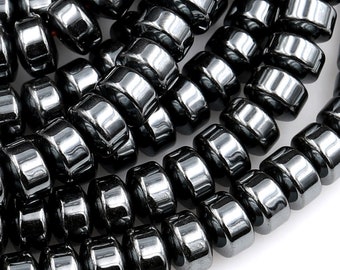 Perline Rondelle lisce in ematite nera naturale da 3 mm, 4 mm, 6 mm, 8 mm, filo Heishi da 15,5"