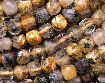 Faceted Natural Titanium Golden Rutile Quartz 4mm Cube Beads 15.5" Strand