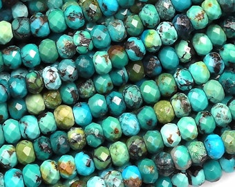 Genuine Natural Turquoise 3mm 4mm Faceted Rondelle Beads Bright Blue Green Turquoise Micro Diamond Cut 15.5" Strand